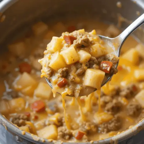 A bowl of cheesy hamburger potato soup featuring chunks of potatoes, ground beef, and creamy, cheesy broth, topped with shredded cheddar