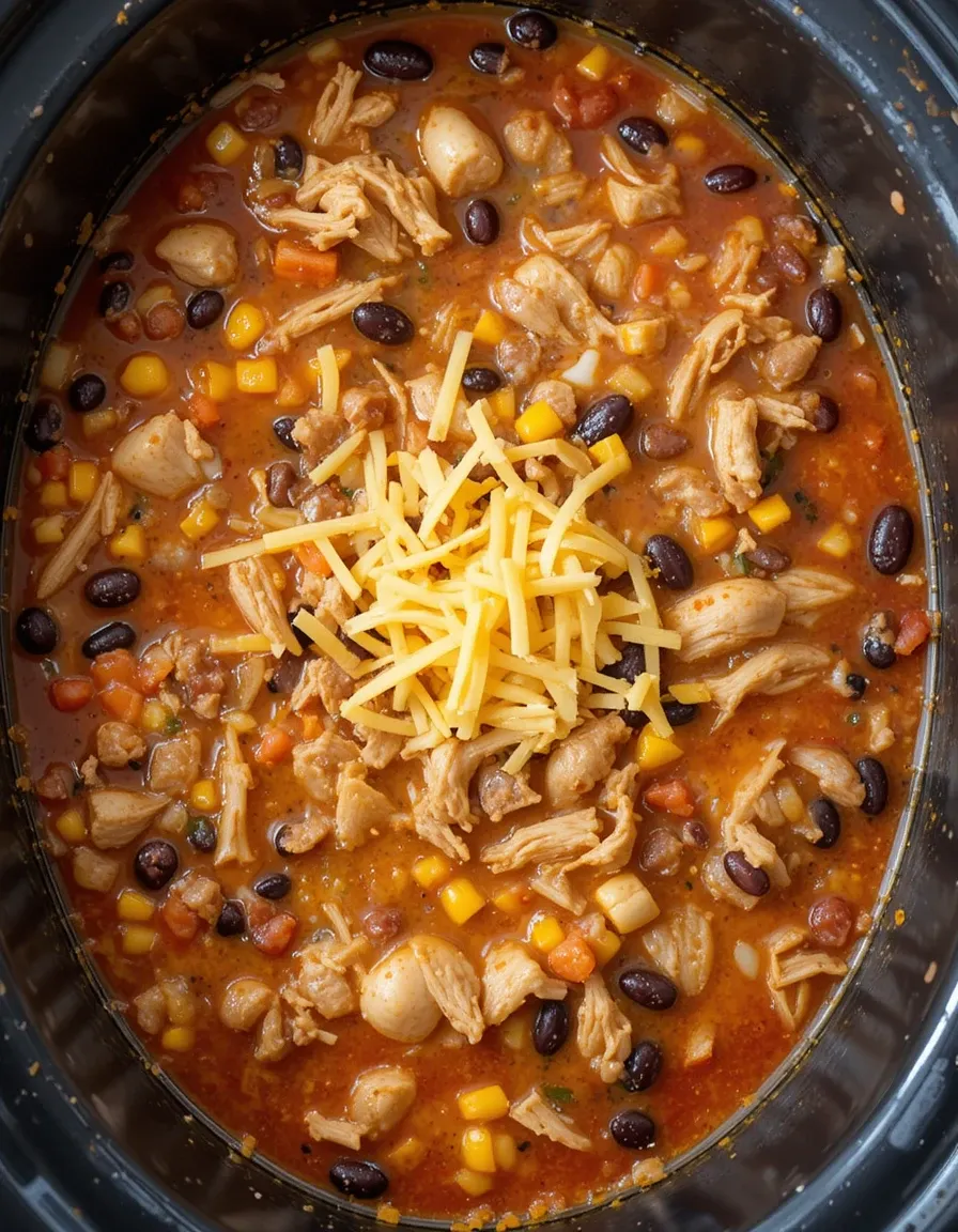A ladle scooping chicken taco soup from the crock pot, showcasing tender chicken, black beans, corn, and a rich broth with taco seasoning for a homemade meal
