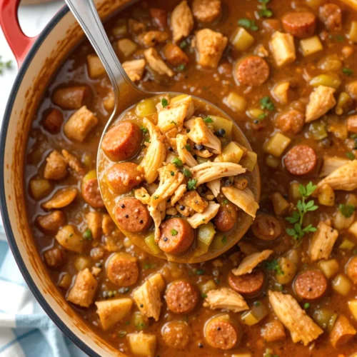 Spoonful of Chicken And Sausage Gumbo lifted from a pot, showing a thick consistency with shredded chicken, sausage, and vegetables.