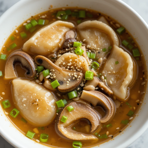 A beautifully styled bowl of potsticker soup showcasing vibrant scallions, tender mushrooms, and perfectly cooked potstickers. The golden broth is topped with sesame seeds and furikake, slightly melted and blending into the surface.