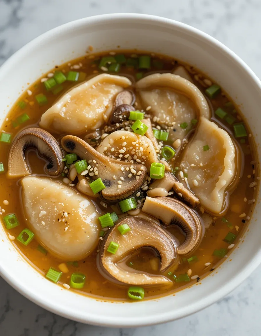A beautifully styled bowl of potsticker soup showcasing vibrant scallions, tender mushrooms, and perfectly cooked potstickers. The golden broth is topped with sesame seeds and furikake, slightly melted and blending into the surface.