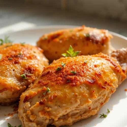 Golden, crispy air fryer chicken breasts on a white plate, garnished with fresh thyme and paprika, glistening with natural juices.