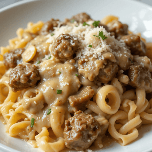 beef and rotini in garlic parmesan sauce