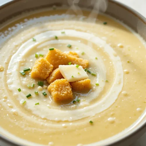 A freshly made bowl of creamy leek and potato soup, served in a neutral ceramic bowl on a clean, light-colored countertop