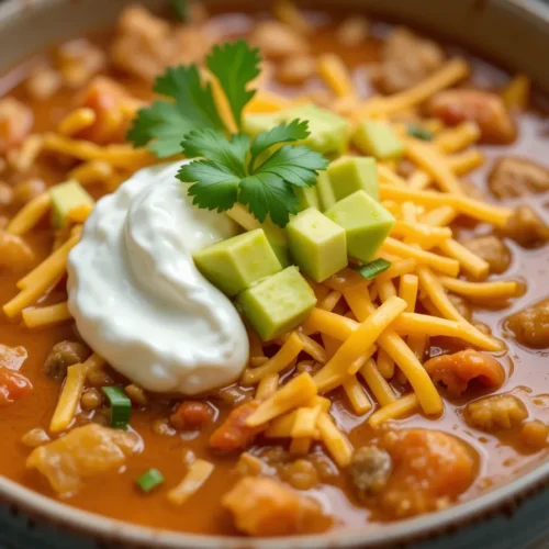 Overhead view of chicken taco soup garnished with cilantro and avocado, showing the glossy, spiced broth with beans, corn, and tomatoes for a delicious prese