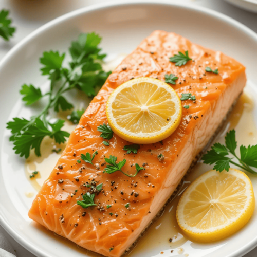 Perfectly air-fried salmon fillets with golden, crispy edges, garnished with fresh dill and a lemon wedge on a white plate.