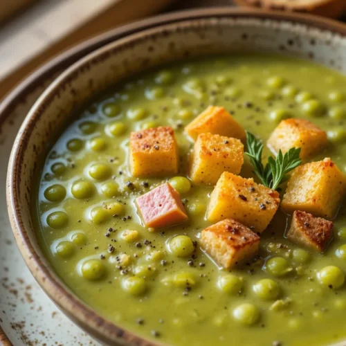 A ladle lifting a creamy serving of split pea soup with diced ham, carrots, and peas from a Dutch oven.