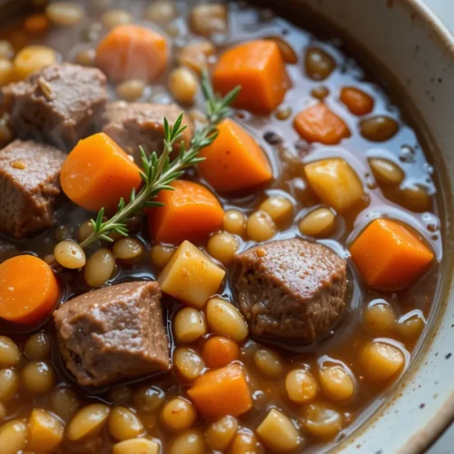 Ladle pouring rich beef barley soup into a speckled ceramic bowl.