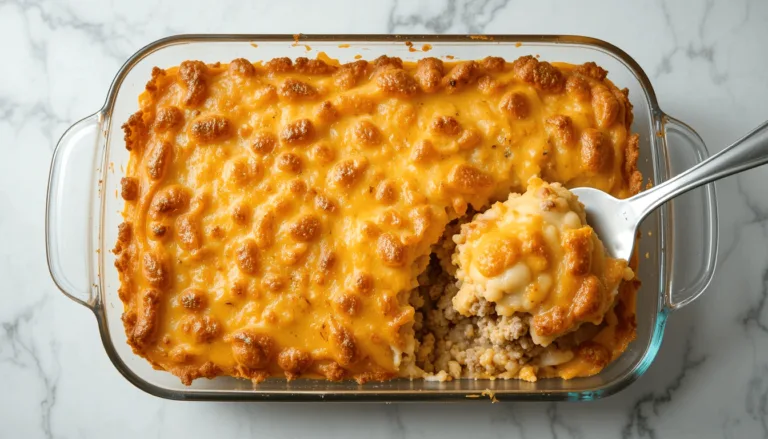 Homemade hamburger potato casserole with golden melted cheese on top, creamy potato layers, and seasoned ground beef in a glass baking dish.