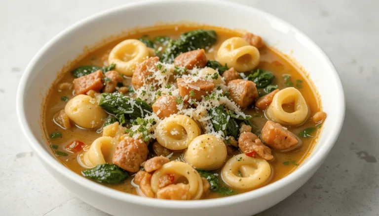 A bowl of creamy sausage tortellini soup with tender tortellini, chunks of sausage, wilted spinach, and a rich, creamy broth, garnished with Parmesan cheese and fresh herbs