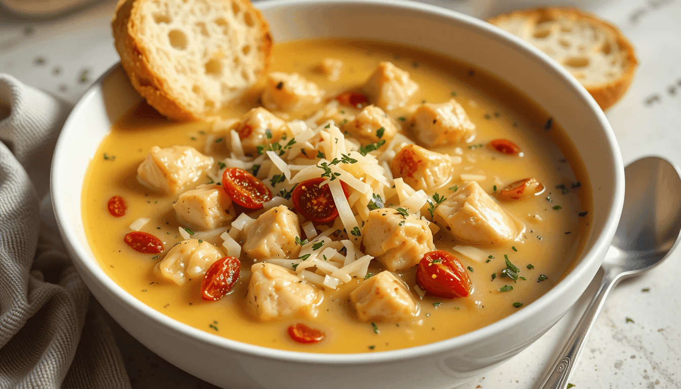 A creamy bowl of Marry Me Chicken Soup with tender chicken cubes, sun-dried tomatoes, and a rich golden broth, garnished with Parmesan cheese and fresh herbs. Served in a white ceramic bowl on a light background with bright natural lighting.