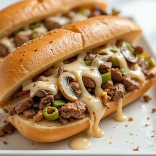 A freshly made Cheese Steak Sandwich, packed with steak, mushrooms, onions, and peppers, covered in melted provolone.