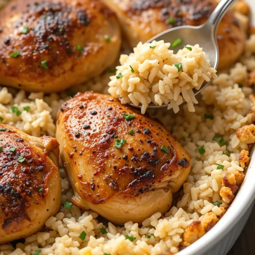 Oven Baked Chicken and Rice is easy, delicious, and made in one pan