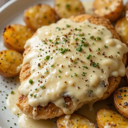 Garlic Parmesan Chicken and Potatoes recipe is creamy, cheesy, and packed with rich, comforting goodness